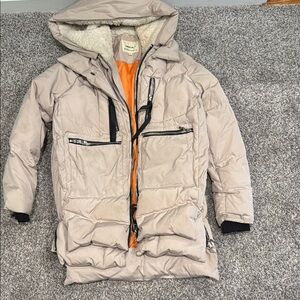Tan and Orange Puffer Jacket with Stand-up Collar